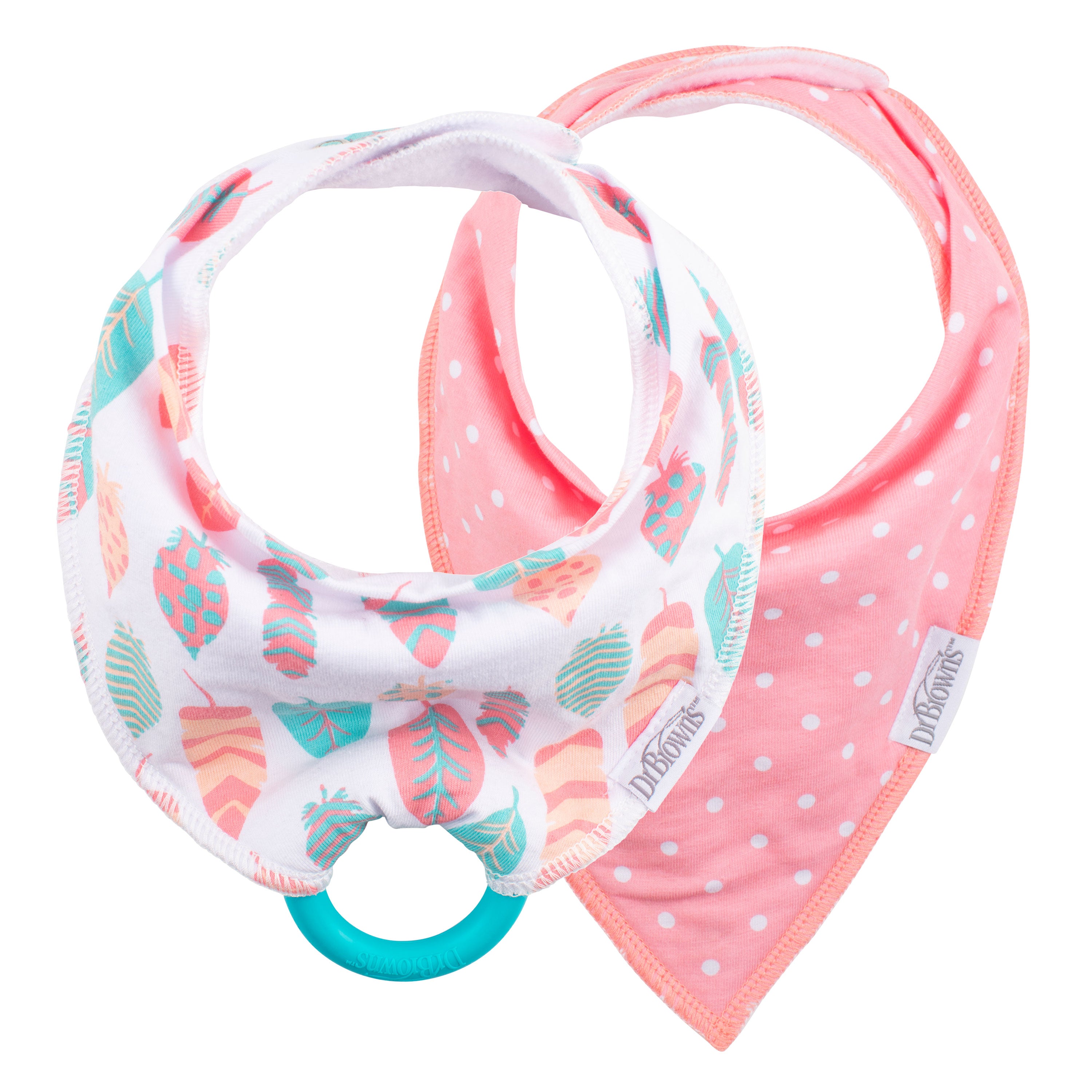 Bandana Bib w/ Teether, 2-Pack, Feathers/Dots (includes ONE Turquoise Teether)
