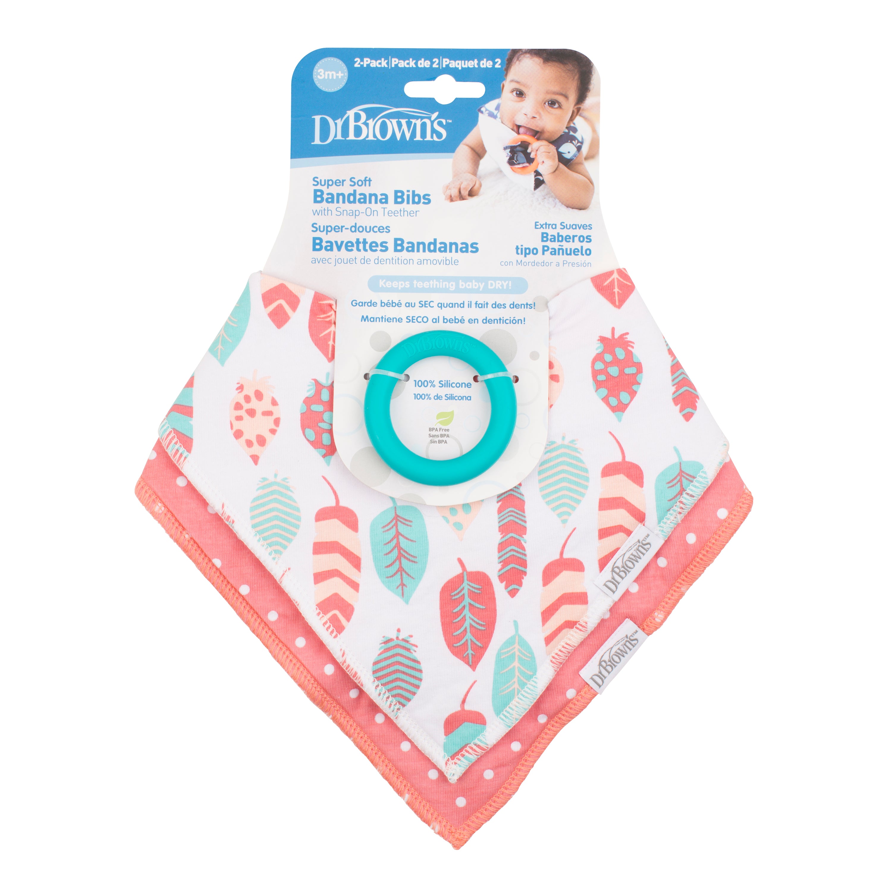 Bandana Bib w/ Teether, 2-Pack, Feathers/Dots (includes ONE Turquoise Teether)