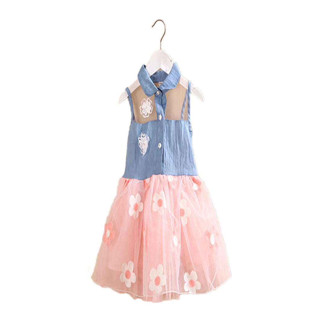 Ministry of Style - Denim Blue and Pink Flared Sleeveless Frock -18M-24M