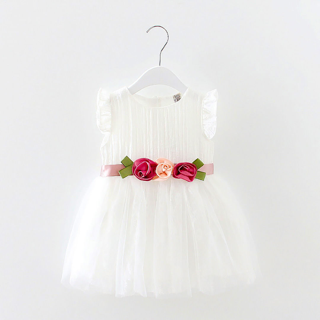 Ministry of Style - Princess White with Floral Band Cap sleeves Party Frock - 3Y-4Y