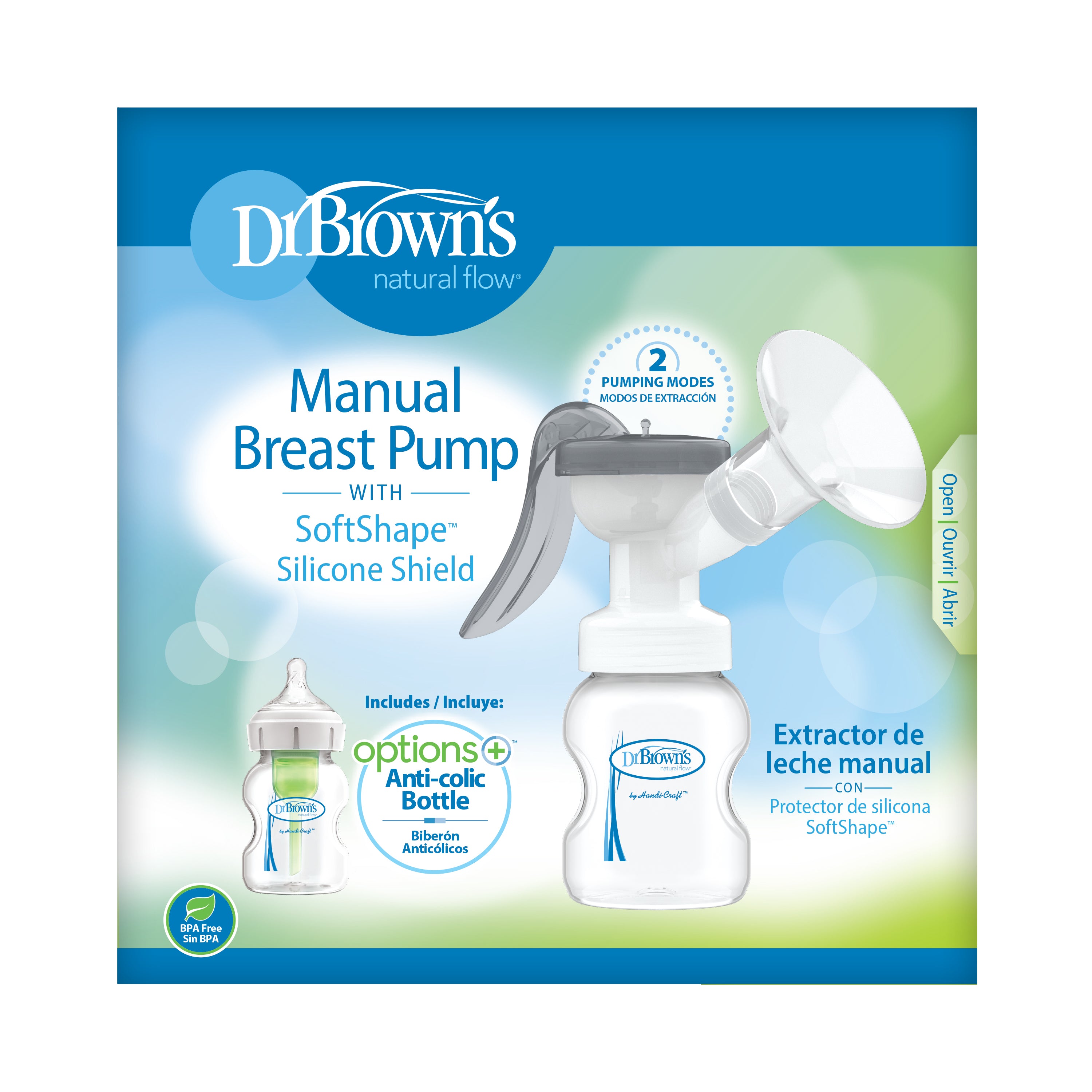 Manual Breast Pump w/ SoftShape™ Silicone Shield (includes 1x150 ml PP W-N Options+ bottle w/ L1 nipple and storage cap).