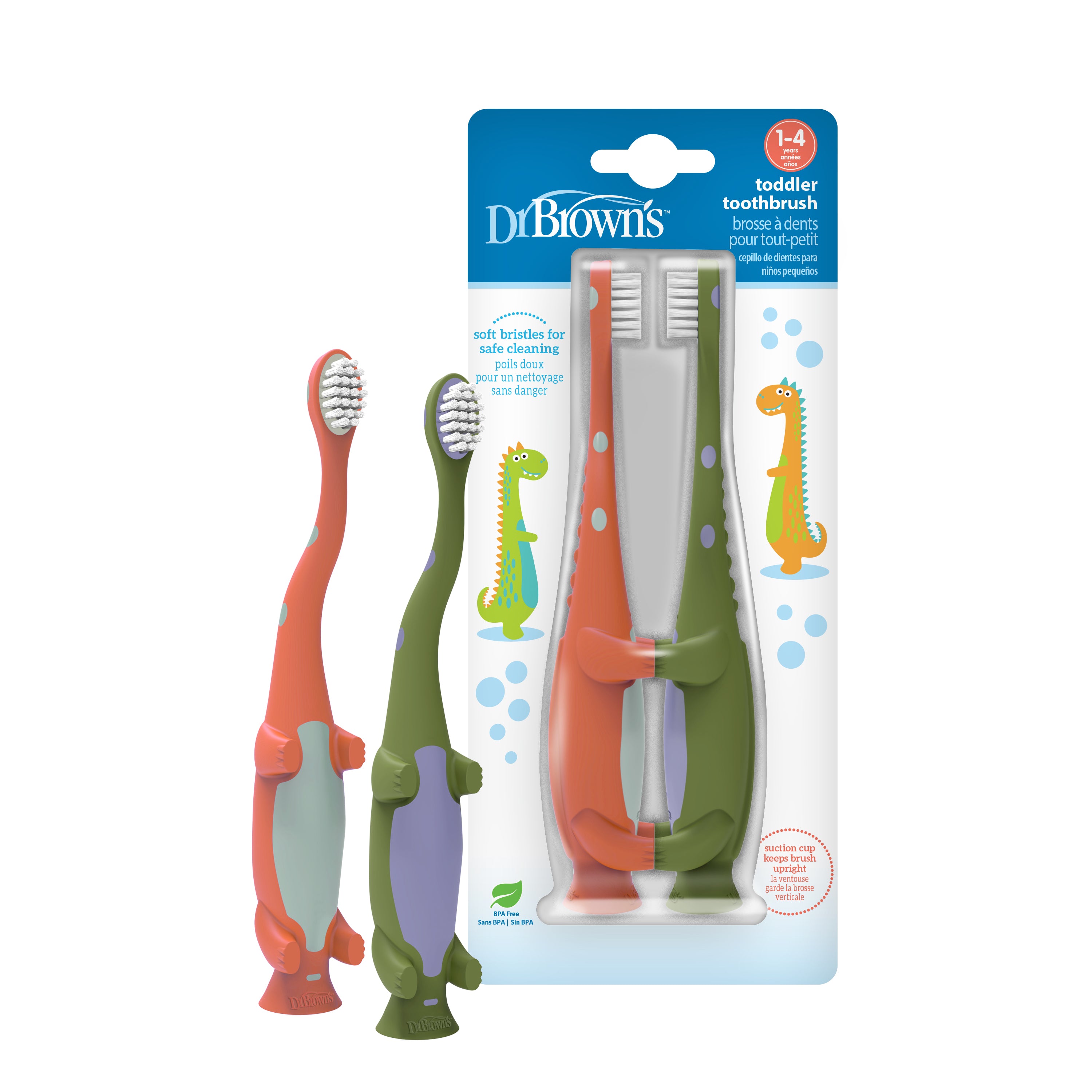 Toddler Toothbrush, Dinosaur, Green & Orange, 2-Pack