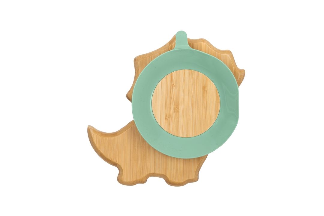 Citron - Organic Bamboo Plate Suction & Spoon | Dino Pastel Green