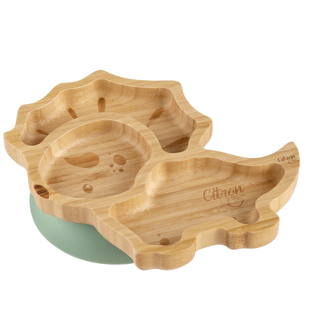 Citron - Organic Bamboo Plate Suction & Spoon | Dino Pastel Green
