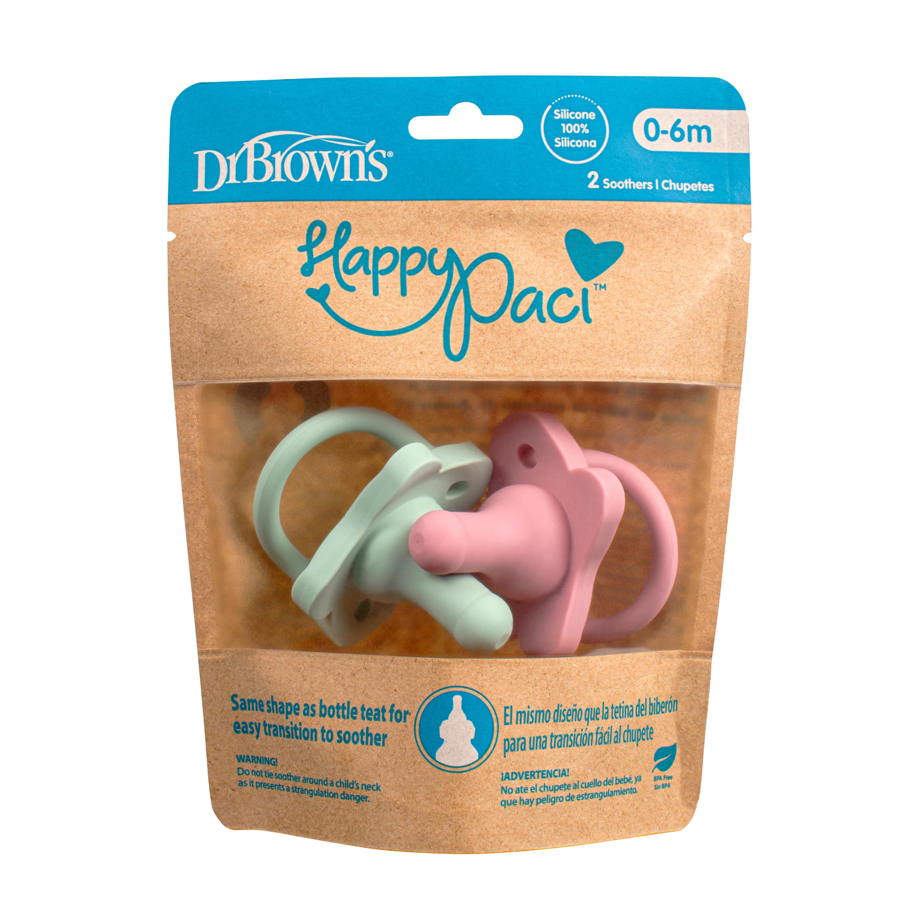 HappyPaci Silicone One-Piece Soother - 0-6m, 2-Pack