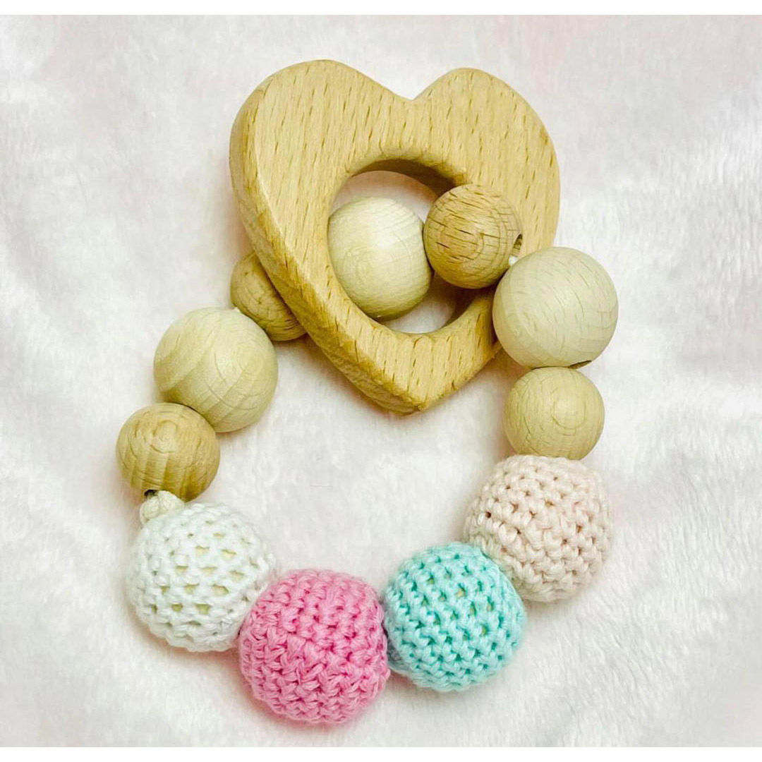 Pikkaboo - Snuggle&Play Handmade Crochet Teether With Wooden Heart Bracelet
