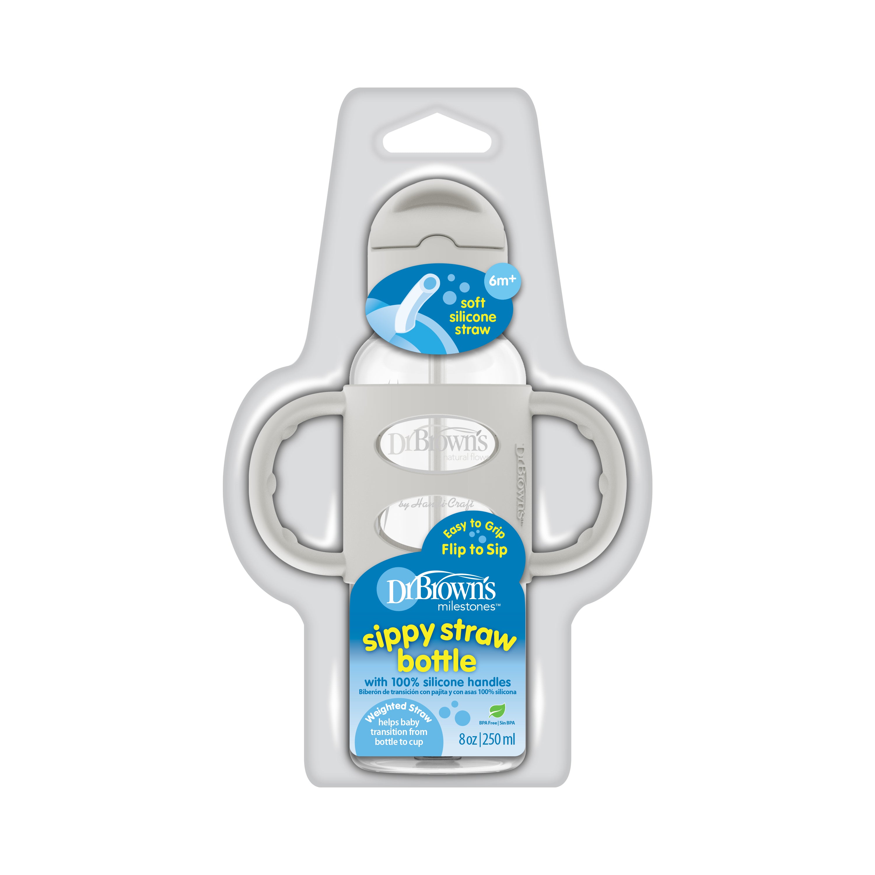 8 oz/250 ml PP Narrow Sippy Straw Bottle w/ Silicone Handles, 1-Pack