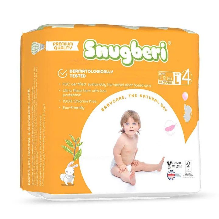 Snugberi Premium Eco Friendly Diapers | Size 4 | Large | 7 - 12Kg | 24 Pcs