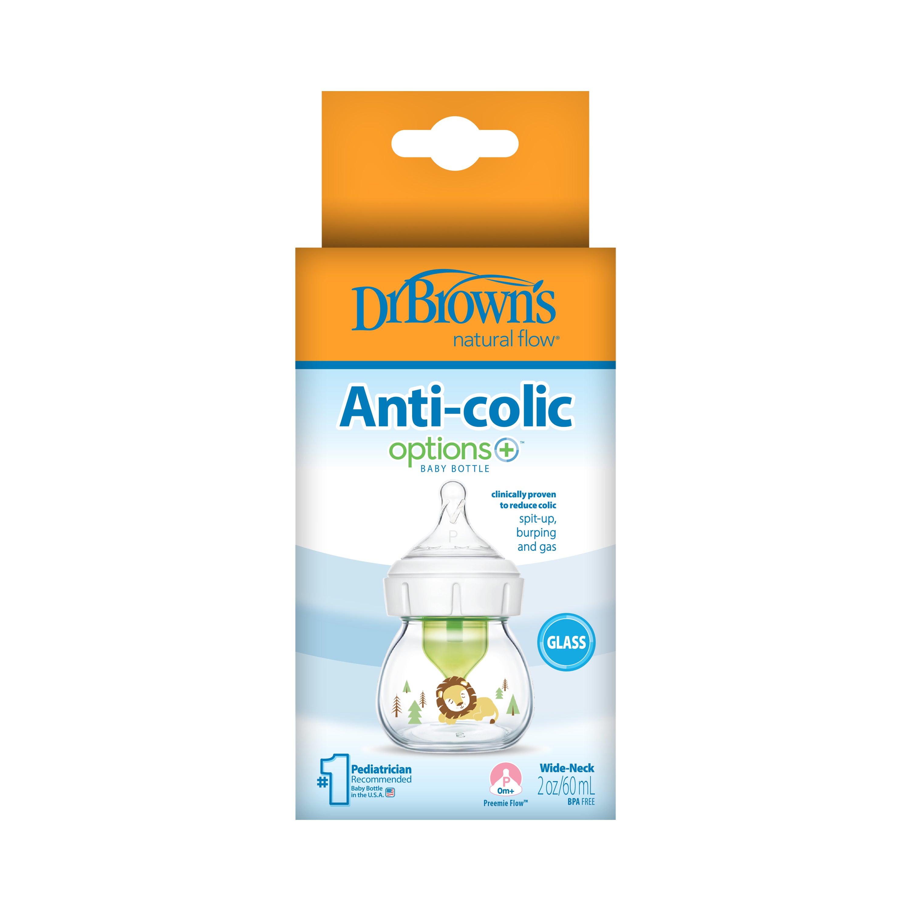 2 oz/60 ml Glass W-N Options+ Bottle w/ Lion Deco w/ Preemie Nipple, 1-Pack