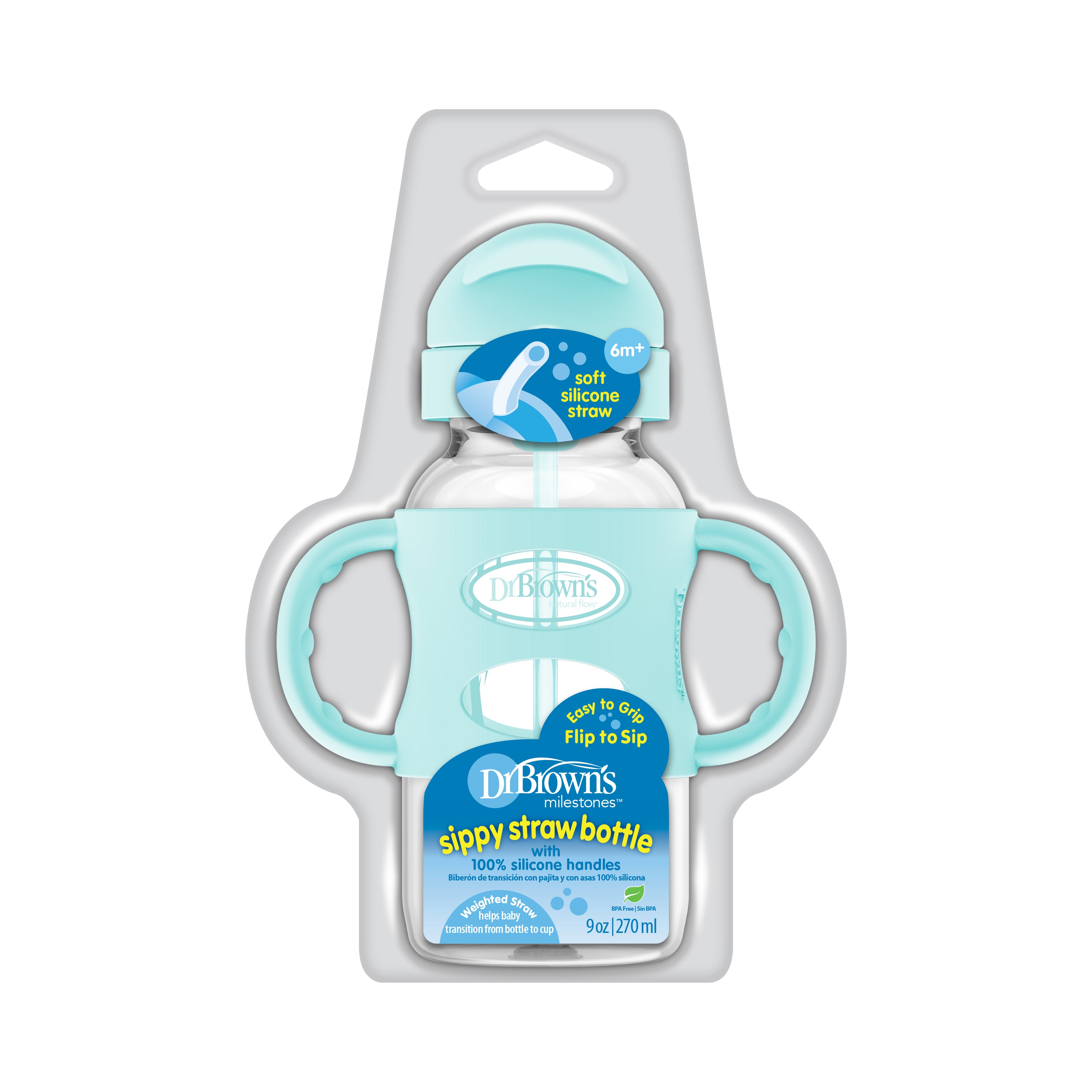 9 oz/270 mL PP W-N Sippy Straw Bottle w/ Silicone Handles, 1-Pack